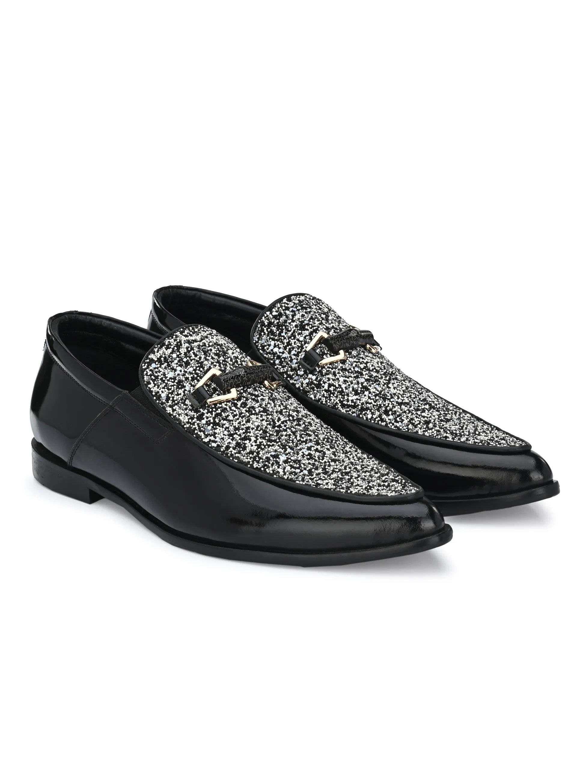 Hitz Men's Black Leather Slip-On Party Wear Shoes