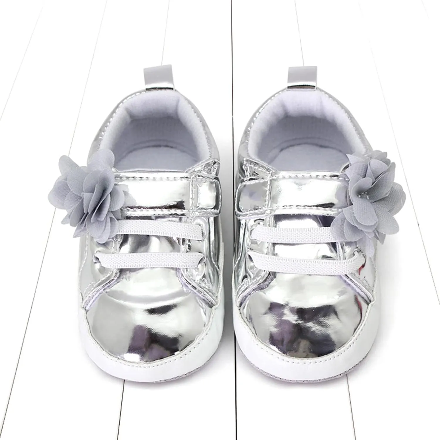 Infant Baby Girls Flower PU Leather Sneakers Soft Sole Anti-Slip Newborn Toddler Solid Shiny Ankle Dress Shoes Baby