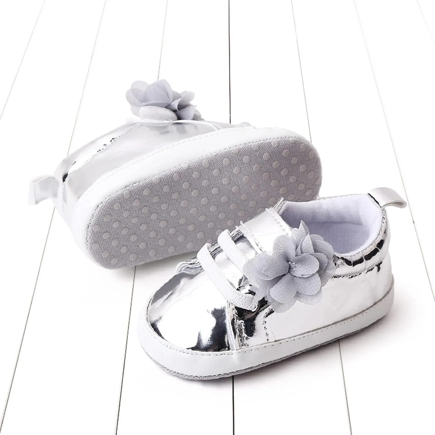 Infant Baby Girls Flower PU Leather Sneakers Soft Sole Anti-Slip Newborn Toddler Solid Shiny Ankle Dress Shoes Baby