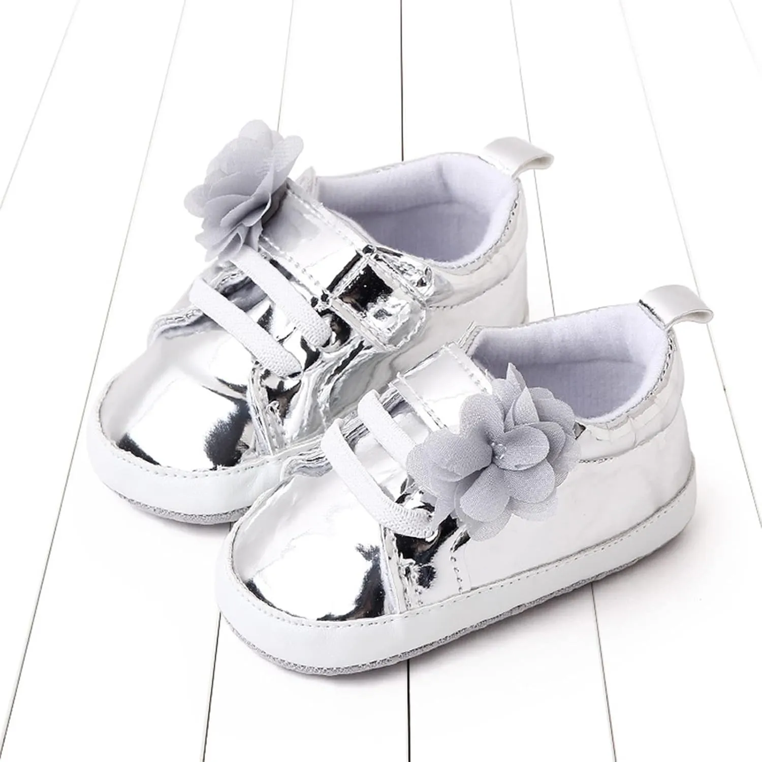 Infant Baby Girls Flower PU Leather Sneakers Soft Sole Anti-Slip Newborn Toddler Solid Shiny Ankle Dress Shoes Baby