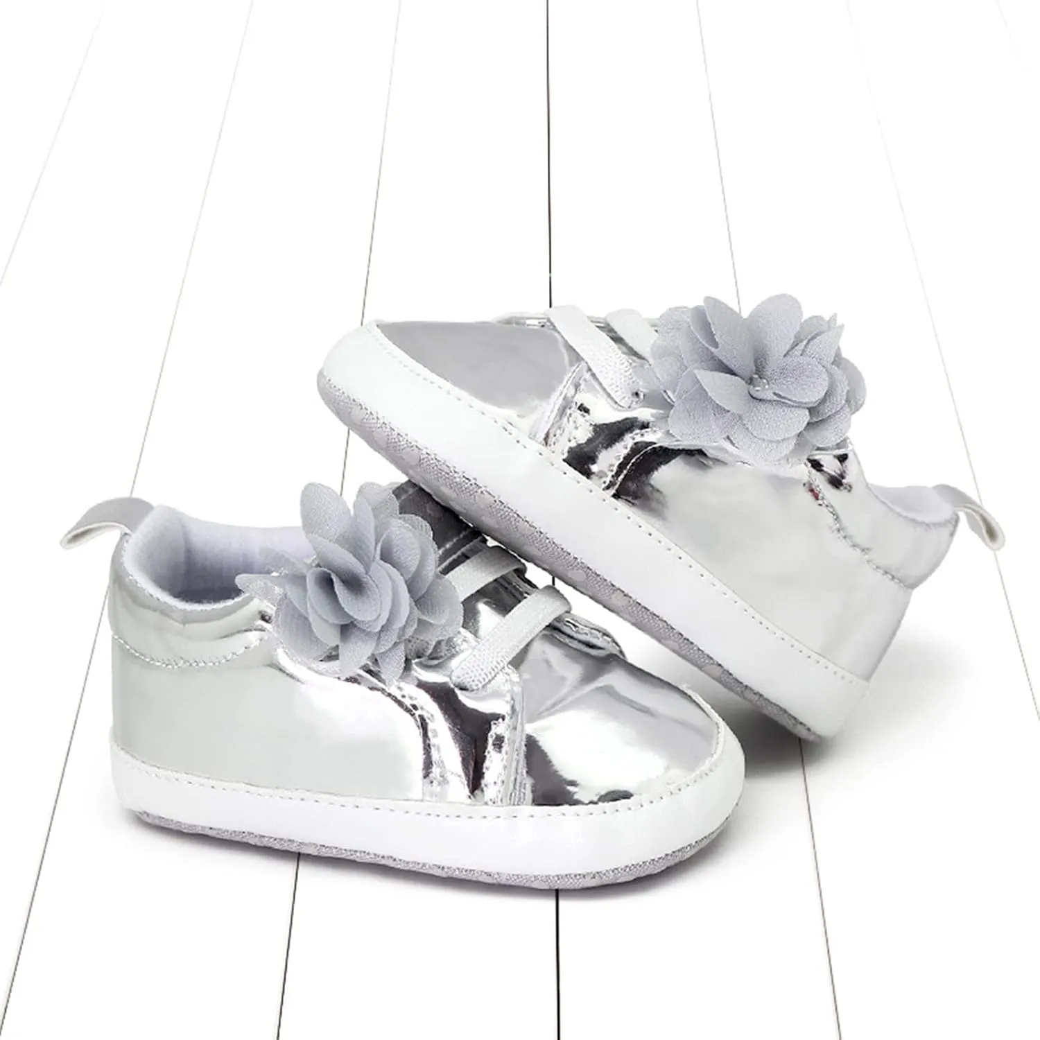 Infant Baby Girls Flower PU Leather Sneakers Soft Sole Anti-Slip Newborn Toddler Solid Shiny Ankle Dress Shoes Baby