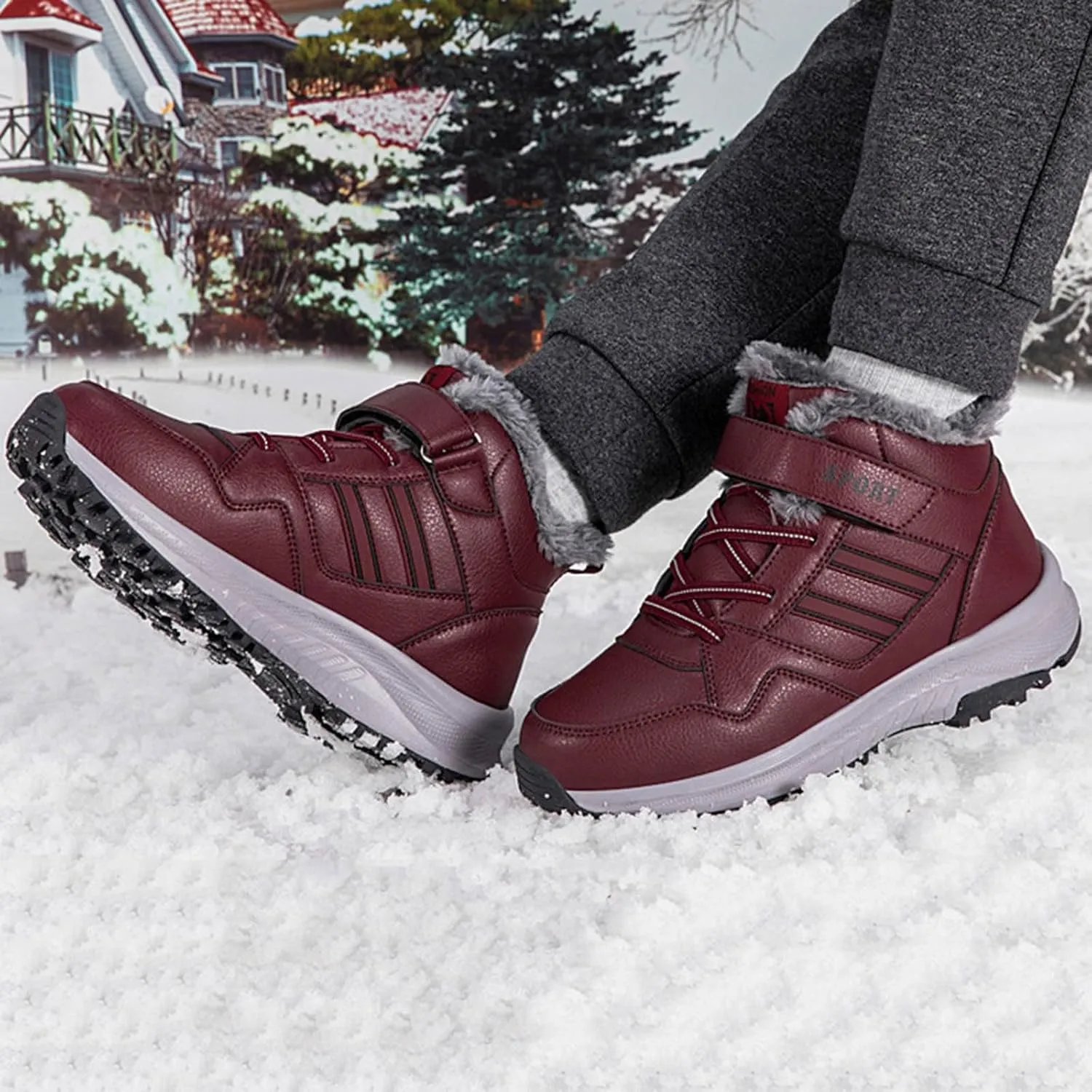 Slip on Walking Shoes Women Non Slip Memory Foam Arch Support Running Shoes Faux Furry Lined PU Leather Sports Workout Tennis Shoes Lightweight Sneakers Indoor Outdoor
