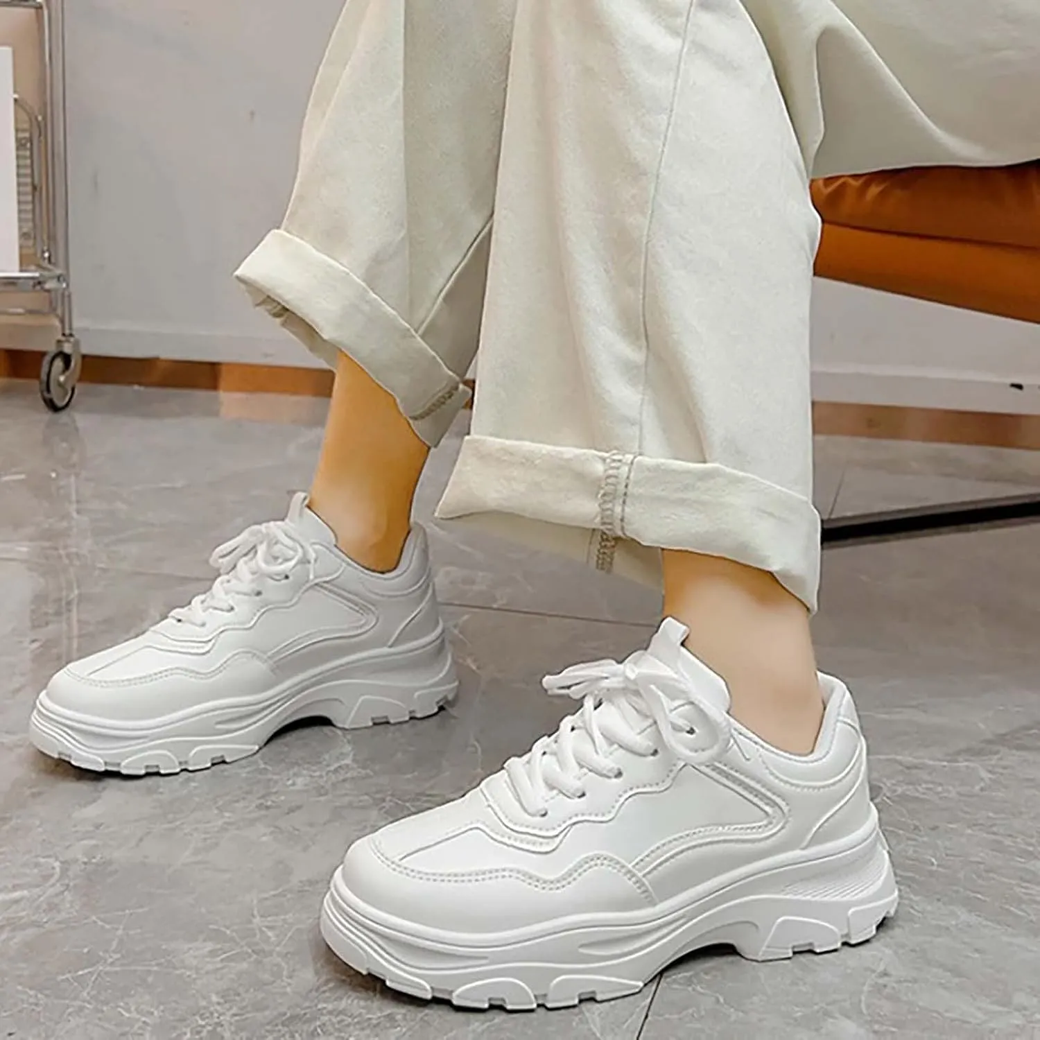 Women Chunky Platform Casual Lace-Up Walking Sneakers Fashion Leather Casual Wedge Walking Sport Dad Shoes